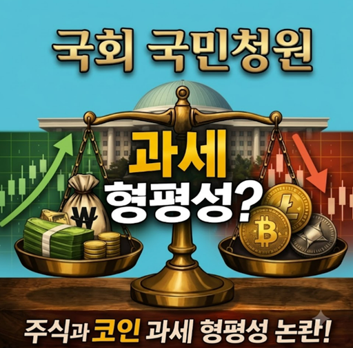 가상자산 과세 형평성 논란을 설명하는 이미지. 코인 과세와 주식 과세의 차이, 공제 한도와 세율 문제를 비교한 대표 이미지