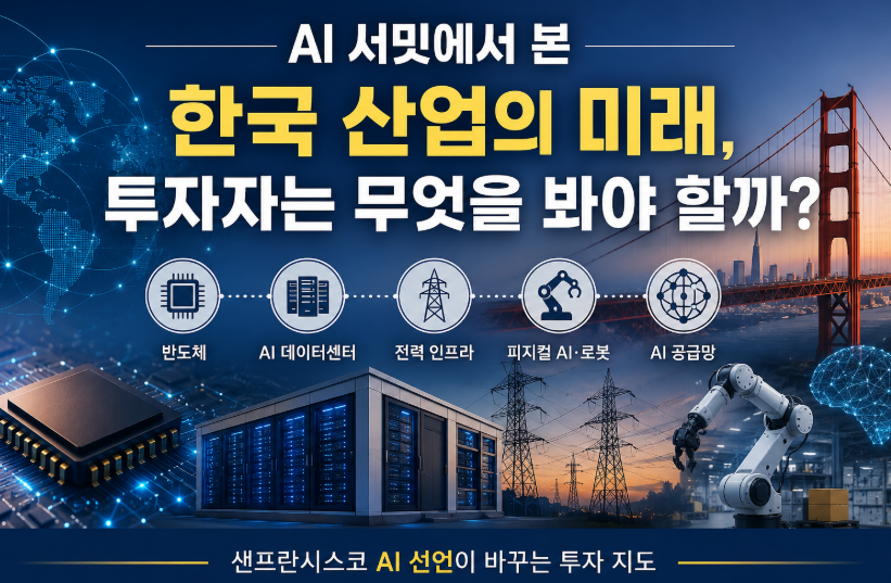 AI 서밋과 샌프란시스코 AI 선언을 주제로 반도체, AI 데이터센터, 전력 인프라, 로봇 산업 등 한국 AI 공급망의 미래를 표현한 이미지