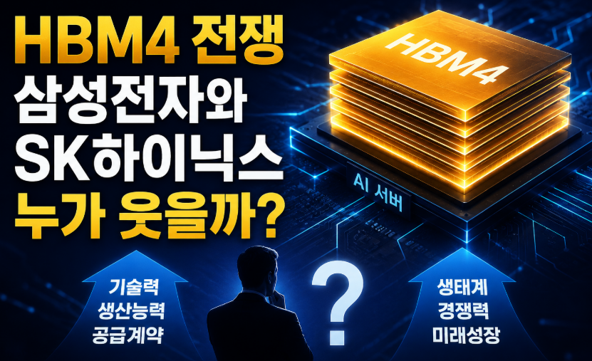 삼성전자와 SK하이닉스의 HBM4 경쟁을 다룬 썸네일. 'HBM4 전쟁, 누가 웃을까?' 문구와 함께 AI 서버 위 적층된 HBM4 반도체 칩, 기술력 및 생태계 경쟁력을 비교하는 인포그래픽 화살표와 인물 실루엣 포함.