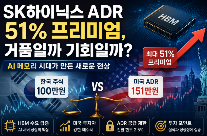 SK하이닉스 ADR이 한국 주식 대비 최대 51% 프리미엄으로 거래되는 현상을 설명하는 투자 인사이트 이미지. 한국 주식 100만원과 미국 ADR 151만원 비교, HBM 반도체, AI 메모리 수요 증가, 미국 투자자 매수세, ADR 공급 제한 등의 핵심 내용을 시각적으로 표현.