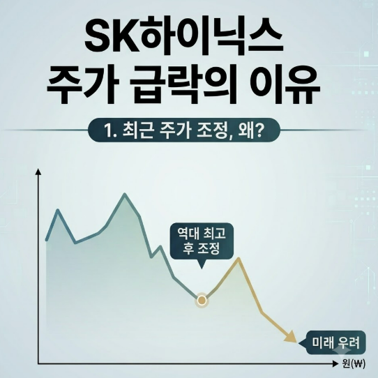 SK하이닉스 주가 급락의 이유와 최근 주가 조정을 설명하는 썸네일. '역대 최고 후 조정' 및 '미래 우려' 문구가 적힌 하향 곡선의 주가 차트 그래프 포함.