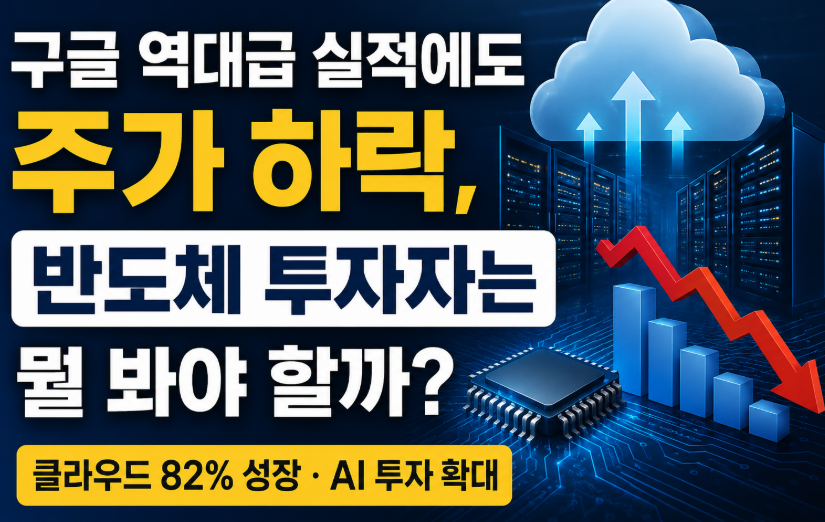구글의 AI 데이터센터 투자 확대와 클라우드 성장, 삼성전자와 SK하이닉스 등 AI 반도체 기업에 미치는 영향을 설명하는 이미지
