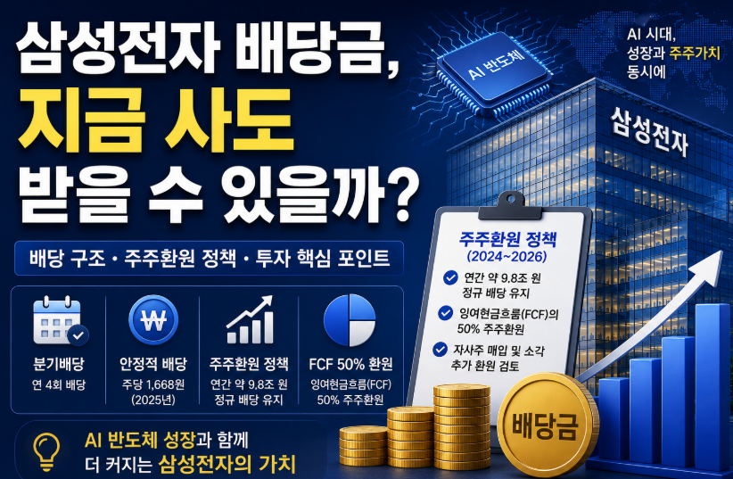 삼성전자 배당금과 주주환원 정책을 설명하는 투자 정보 이미지. 배당 구조, 분기배당, 자사주 소각, AI 반도체 성장과 주주가치 향상 개념을 시각적으로 표현한 대표 이미지.
