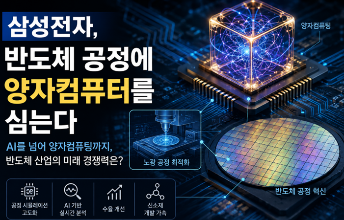 삼성전자의 반도체 공정 양자컴퓨터 도입 전망 썸네일. '반도체 공정에 양자컴퓨터를 심는다'는 문구와 함께 빛나는 양자 큐브, 실리콘 웨이퍼 회로 이미지 포함.