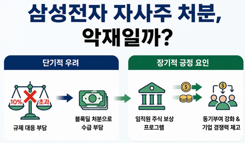 삼성전자 자사주 처분의 영향 분석 썸네일. '자사주 처분, 악재일까?' 문구와 함께 규제 대응 및 수급 부담의 단기 우려, 임직원 주식 보상의 장기 긍정 요인 비교 인포그래픽 포함.
