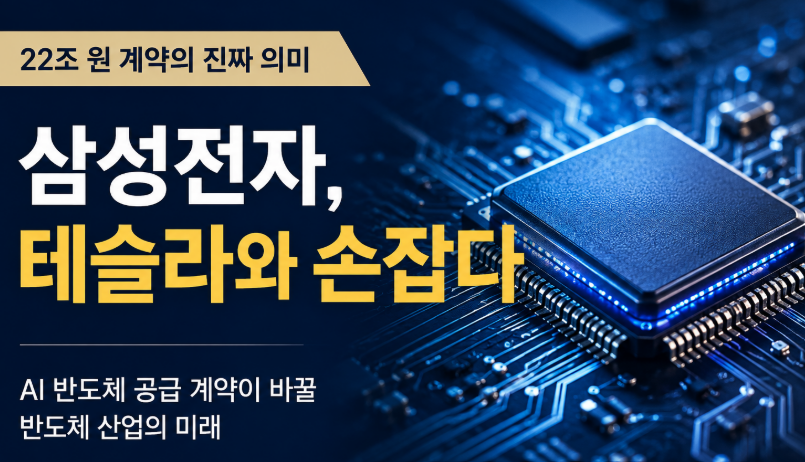 삼성전자와 테슬라의 AI 반도체 협력과 파운드리 사업을 표현한 반도체 칩 이미지