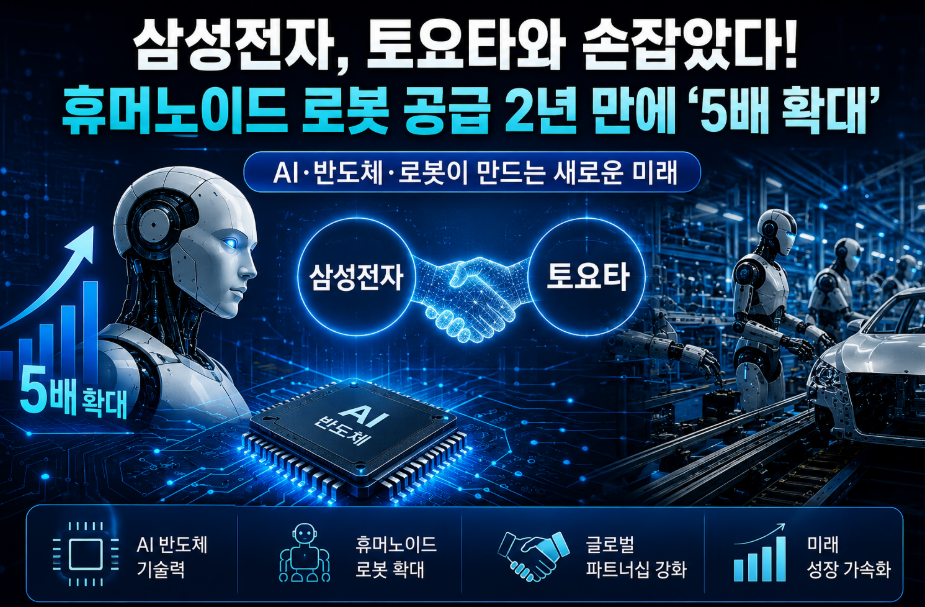 삼성전자와 토요타의 휴머노이드 로봇 동맹 및 공급 5배 확대 전망 썸네일. AI 반도체 칩과 로봇이 자동차를 조립하는 제조 공장 배경 포함.