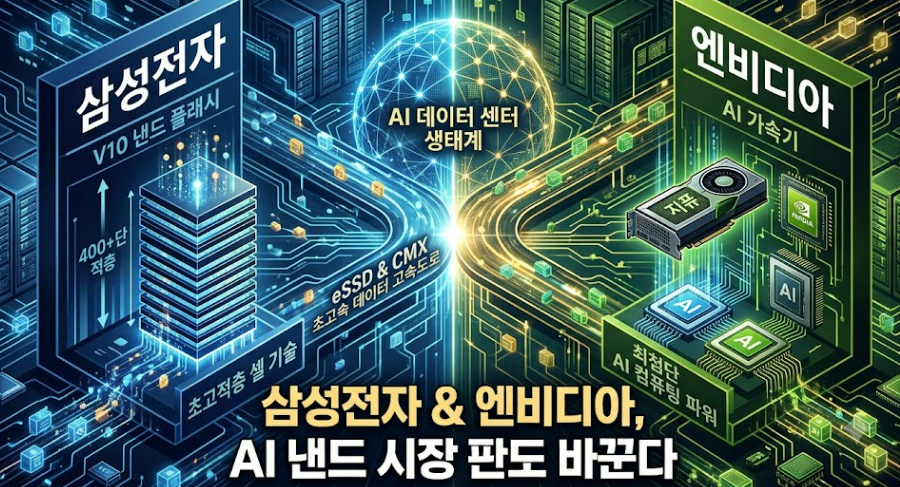 삼성전자와 엔비디아의 AI 낸드플래시 및 eSSD 데이터센터 협력을 나타내는 3D 기술 그래픽 이미지