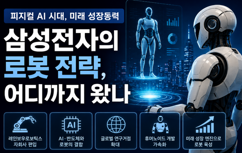 삼성전자 RX 사업부와 레인보우로보틱스의 로봇 생태계 및 휴머노이드 피지컬 AI 기술 구도를 나타내는 미래지향적 개념 그래픽 이미지