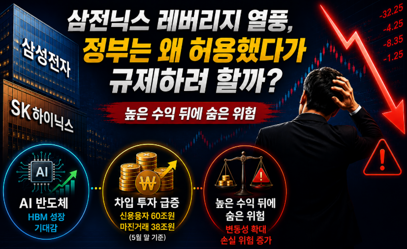 삼성전자와 SK하이닉스 레버리지 ETF 투자 열풍과 정부 규제 논란을 표현한 이미지. AI 반도체 성장 기대와 차입 투자 증가, 레버리지 투자 위험성을 상징적으로 보여주는 그래픽.