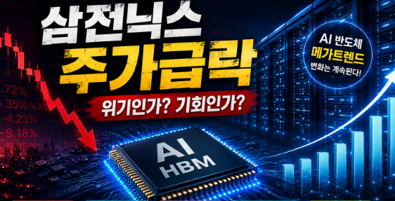 메타의 AI 투자 우려로 삼성전자와 SK하이닉스 등 AI 반도체 관련 주가가 하락한 원인을 설명하는 이미지