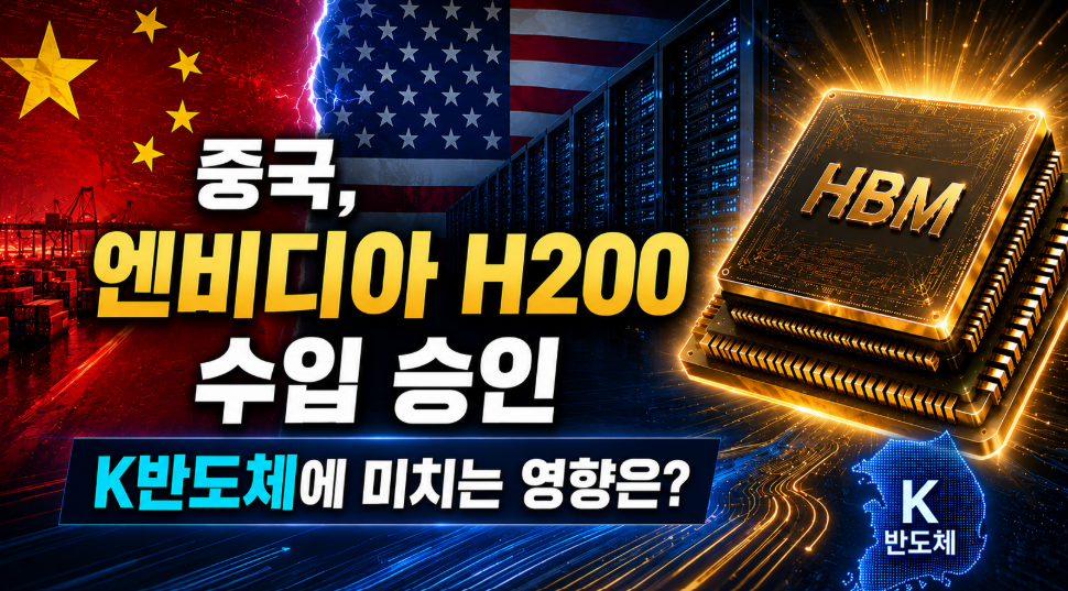 중국의 엔비디아 H200 수입 승인 영향을 다룬 썸네일. '중국, 엔비디아 H200 수입 승인, K반도체에 미치는 영향은?' 문구와 함께 중국·미국 국기, 빛나는 HBM 반도체 칩, 대한민국 지도 일러스트 포함.