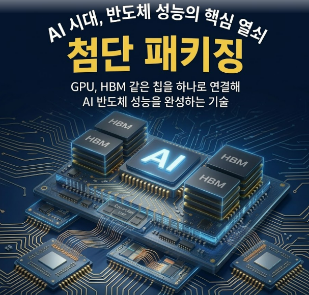 AI 반도체 핵심 기술인 첨단 패키징을 다룬 썸네일. '첨단 패키징, AI 시대 반도체 성능의 핵심 열쇠' 문구와 함께 중앙의 AI 칩 및 주변에 초고속으로 연결된 네 개의 HBM 메모리 실장 인포그래픽 포함.