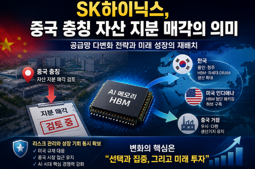 SK하이닉스의 중국 충칭 자산 지분 매각 검토와 공급망 다변화 전략을 설명하는 반도체 투자 인포그래픽