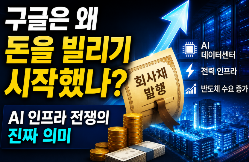 글이 AI 데이터센터와 인프라 투자를 위해 회사채를 발행하는 모습을 상징적으로 표현한 이미지. 상승 화살표, 데이터센터, 회사채 발행 문서, 반도체 수요 증가를 나타내는 그래픽이 포함되어 있다.