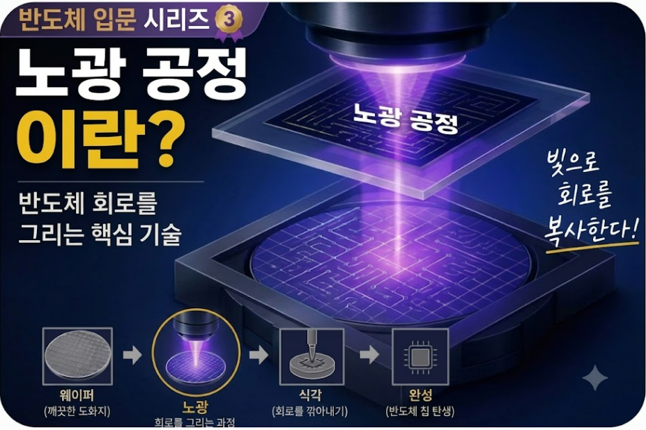 노광 공정으로 웨이퍼 위에 반도체 회로를 그리는 과정을 설명한 이미지. 빛을 이용해 회로 패턴을 전사하는 반도체 핵심 제조 기술과 웨이퍼, 노광, 식각, 완성 칩의 흐름을 보여준다.