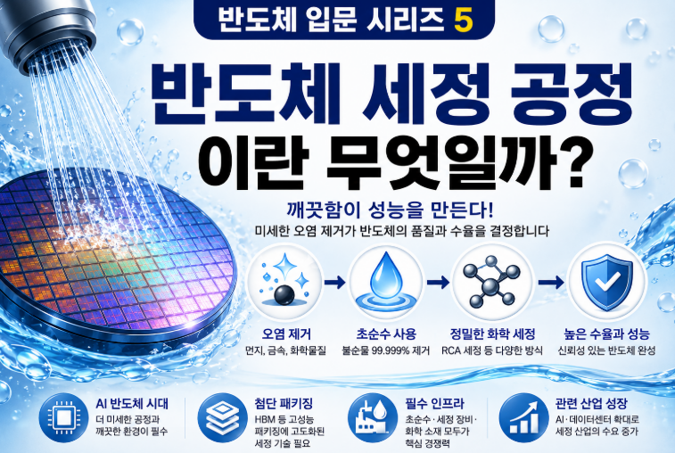 반도체 세정 공정을 설명하는 인포그래픽 이미지. 웨이퍼를 초순수로 세척하는 모습과 오염 제거, 화학 세정, 수율 향상 과정을 시각적으로 표현한 반도체 입문 시리즈 5.