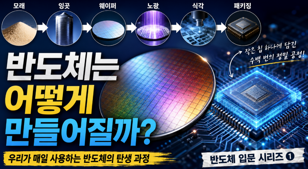 반도체가 모래에서 시작해 잉곳, 웨이퍼, 노광, 식각, 패키징 공정을 거쳐 완성되는 과정을 설명한 이미지. 반도체 제조 공정의 전체 흐름과 웨이퍼 및 반도체 칩의 모습을 보여준다.