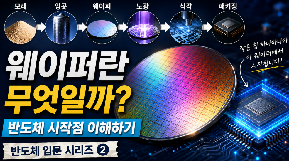 반도체 제조의 시작점인 웨이퍼를 설명하는 이미지. 모래에서 실리콘을 추출해 잉곳, 웨이퍼, 노광, 식각, 패키징 공정을 거쳐 반도체 칩이 완성되는 과정을 시각적으로 나타낸 반도체 입문 시리즈 2.