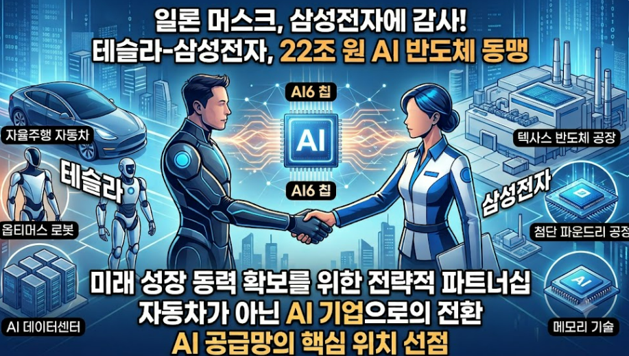 일론 머스크와 삼성전자 대표가 악수하는 테슬라-삼성전자 22조 원 AI 반도체 동맹 인포그래픽. 중앙의 'AI6 칩'과 양사의 핵심 기술(자율주행, 로봇, 파운드리, 메모리)을 미래 도시 배경에 시각화.