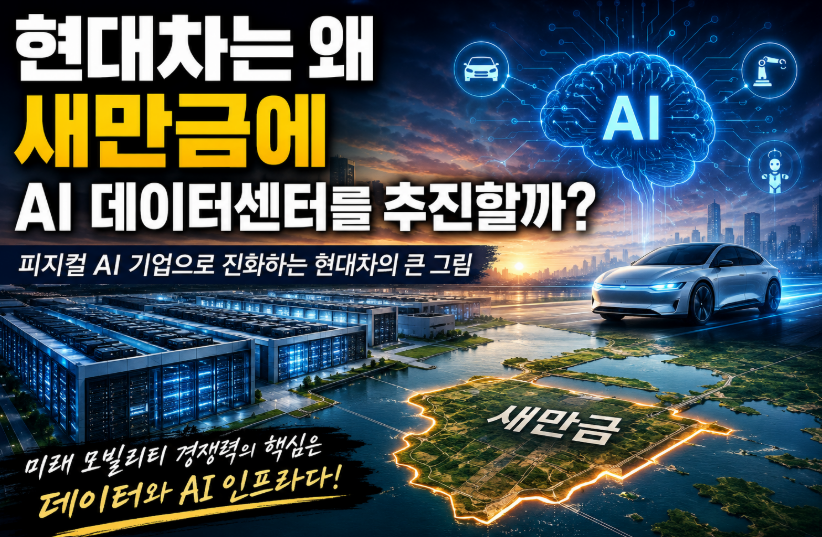 현대차가 새만금 AI 데이터센터 구축을 추진하며 피지컬 AI 기업으로 전환하는 미래 전략을 표현한 이미지