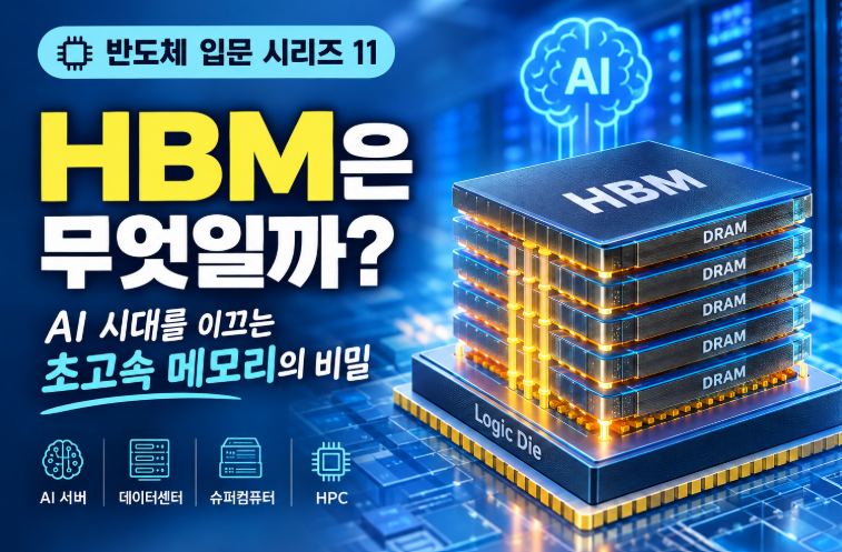 반도체 입문 시리즈 11 HBM은 무엇일까. 여러 개의 메모리 칩이 수직으로 적층된 HBM 구조와 AI, 데이터, 고속 전송을 상징적으로 표현한 이미지.