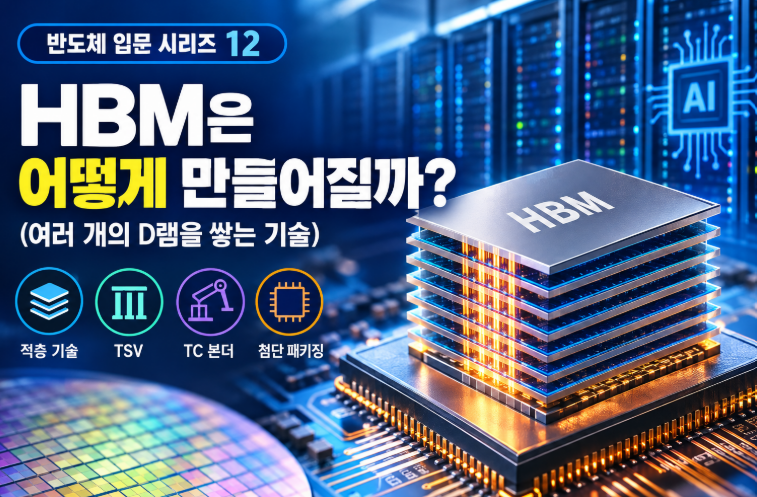 반도체 입문 시리즈 12. HBM은 어떻게 만들어질까? 여러 개의 D램을 수직으로 쌓고 TSV로 연결하는 HBM 구조와 AI 반도체용 고대역폭 메모리 기술을 설명하는 이미지