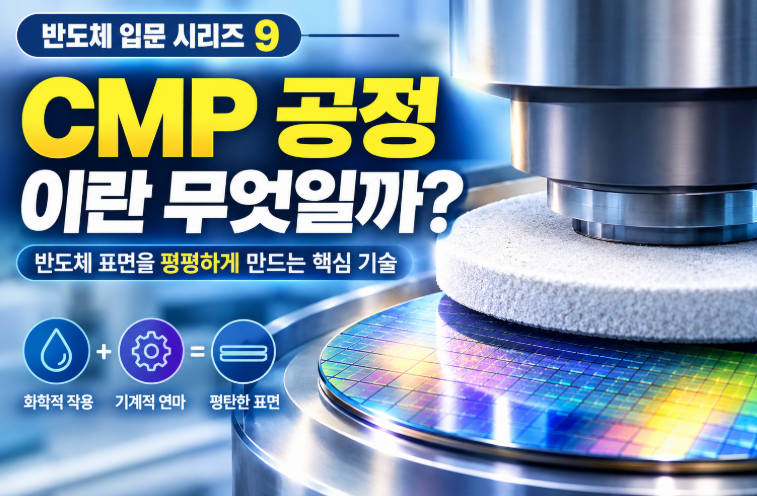 CMP 공정으로 반도체 웨이퍼 표면을 평탄화하는 모습, 반도체 입문 시리즈 9 대표 이미지