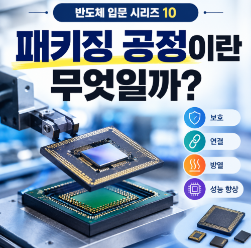 반도체 입문 시리즈 10 패키징 공정을 설명하는 대표 이미지. 완성된 반도체 칩이 기판 위에 연결되고 외부 보호 패키지로 조립되는 과정을 시각적으로 표현한 교육용 일러스트.